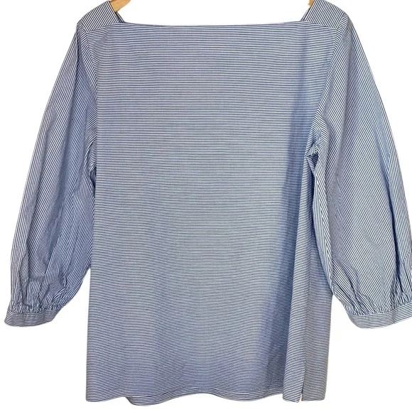 Lafayette 148 New York Blue Pinstripe 100% Cotton Square Neck Puff Sleeve Top L - Picture 4 of 6